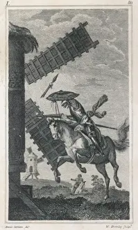 Spanish Literature Artwork Stampe: Don Quixote attacks a windmill