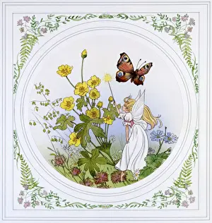 Stampe di Scena fantastica di una fata che canta un incantesimo con il suo bastone sopra un mucchio di fiore d'oro come un farfalla pavone batte rilassato Pavone Stampe: Cantarella che canta una magia incantesimo