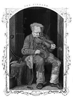 Early 19th Century Music Stampe: Fiddler in Cottage