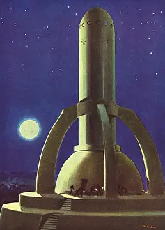 Futuristic Space Travel Stampe: Flights into the Future - technicians inspecting space ship