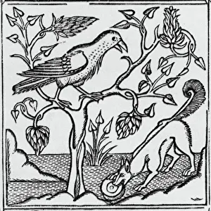 Stampe di La volpe e il corvo.Alessandro's favola.Data : XV secolo Esopo Stampe: Il volpe e il corvo