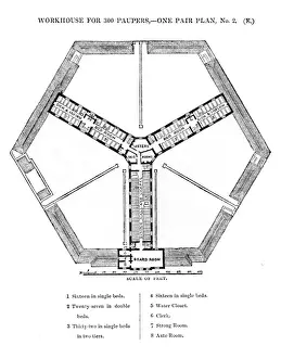 Victorian Era Poverty Relief Stampe: Hexagonal workhouse, first floor plan