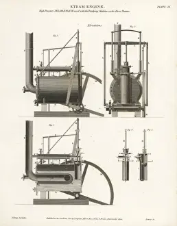Abraham Rees Cyclopedia Prints Stampe: High-pressure steam engine, elevations, 19th century