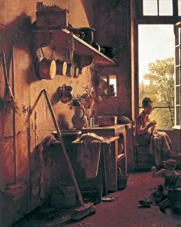 Stampe di Interno di una cucina, dipinto nel 1815, da Martin Drolling (1752-1817). Dettaglio sinistro. L'immagine rappresenta una donna che ricama e un ragazzo. 1815 Martin Drolling Stampe: Interni di una cucina di Martin Drolling.