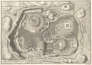 Stampe di Piano della città in tempi biblici : la Città di Davide sopra sinistra, il Tempio di Salomone al centro inferiore, il sito del crocifissione di Gesù sopra centrale Mappa Stampe: Gerusafo / Pianificazione 1C Ad