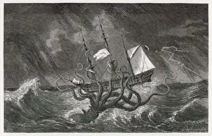 Stampe di Un mostro mitologico Kraken che attacca una nave da vela durante un uragano Battaglia Stampe: Il Kraken attacca la nave durante una tempesta