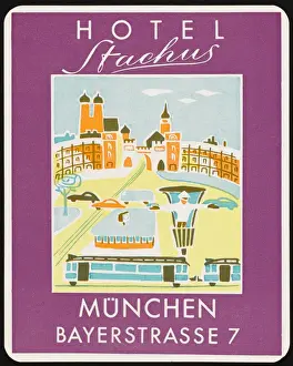 Retro Travel Advertising Stampe: Label, Stachus, Munchen