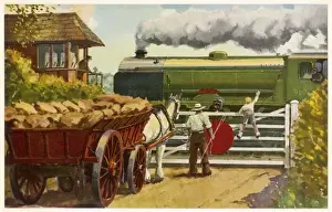 Vintage Railway Scene Stampe: At a Level Crossing
