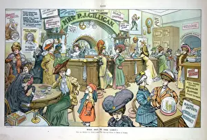 Stampe di Perché non raggiungere il limite? L'illustrazione mostra molte donne nel salone di Mrs.PJ Gilligan che fumano e bevono a loro piacimento. Data: 18 marzo 1908. Perché non raggiungere il limite? Riviste Stampe: Perché non andare al limite?