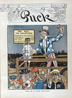 Stampe di Fate una proposta, signori!. L'illustrazione mostra Uncle Sam in piedi su una piattaforma con un uomo filippino accanto a un cartello che recita 'In vendita le Filippine' Filippine Stampe: Fate una proposta, signori.
