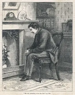 Pensive Male Figure Stampe: Man Cowering by Fireside