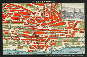 Stampe di Un cartello colorato di Losanna con una piccola incisione inserita della città Mappa Stampe: Mappa di Losanna