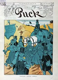 Stampe di Un gruppo di uomini e donne marcia sotto bandiere come 'Le labbra che toccano il liquore di mais non toccheranno mai il nostro', WCTU e Cadeti Carrie Nation Immagini Correlate Stampe: Una Processione a favore dell'astinenza alcolica in Georgia.