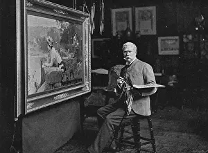 Stampe di MARCO STONE artista, fotografato al lavoro con la sua firma Data: 1840 - 1921 Marcus Stone Stampe: Marcus Stone al lavoro.