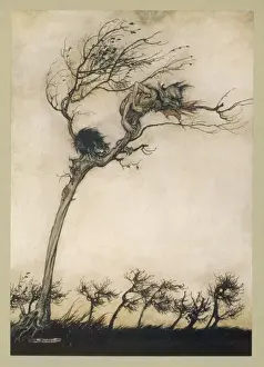 Stampe di Un piccolo mostro e una gatta attendono la loro preda dall'alto di un albero. Data: Pubblicato per prima volta : 1634 John Milton Stampe: Milton / Comus di Rackham