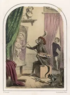 19th Century Animal Art Stampe: Monkey Copies Bufalmaco