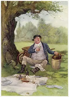 Stampe di Il signor Pickwick fa una passeggiata in riva al fiume e si ferma per un picnic con il suo amico Caleb Baldrick Charles Dickens Stampe: I picnic di Mr Pickwick