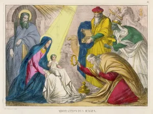 La Natività Stampe: Ceneri di un re natale, i maghi portarono doni per il bambino Gesù