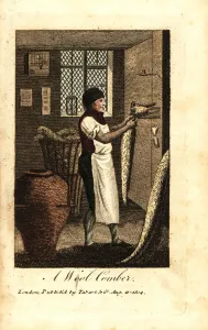 Handcoloured Woodcut Engravings Stampe: Wool comber using heated wool combs to pull