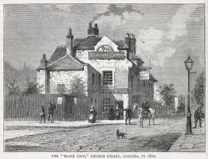Stampe di Il Leone Nero, Via della Chiesa, Chelsea Londra. Data: 1820 Immagini Correlate Stampe: Leone nero di Chelsea