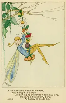 Vintage Fairy Illustrations Stampe: Pixie making a chain of flowers