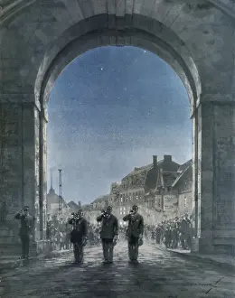 Stampe di Fagotti suonano l'ultimo postato alle 21 del venerdì prima della statua britannica dei caduti a Ieper, la porta di Menen. Data: 1930 Eventi Storici Stampe: L'Ultimo Inno di C.E.Turner