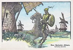 Stampe di Don Chisciotte attacca la molina del vento Illustrazione Stampe: Don Quixotte e l'invenzione del vento