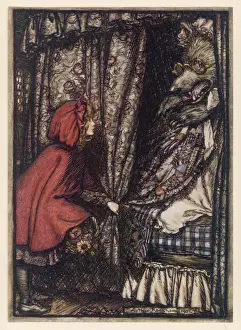 Stampe di La piccola Cappuccia Rossa saluta il lupo nel letto della nonna Lupo Rosso Stampe: Rackham / Lupo a letto