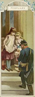 Stampe di Due ragazze si sono state aspettative con ansia per la lettera il giorno di San Valentine; ora una delle due tiene fuori il suo grembiule per ricevere la sua parte dal corrierino Abbracciate Lo Spirito Dell'amore Con Le Nostre Incantevoli Stampe Artistiche Di San Valentino! Stampe: Ricevere i Valsantini