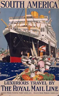 Stampe di Affresco promozionale per la linea di navigazione della Posta Reale per l'America del Sud che ritrae una grande nave o passeggero vicino al porto mentre le piccole barche e i traghetti salgono a Immagini Correlate Stampe: Carta postale reale linee di trasporto