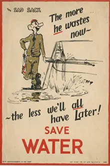 Stampe di Un cartello che incoraggia la popolazione britannica ad avere rispetto dell'acqua Questo cartello utilizza l'esempio di un personaggio disperato che riempi il suo bagno oltre le proporzioni Manifesti Di Propaganda Stampe: Affiche per salvare l'acqua della seconda guerra mondiale