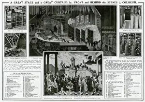 Stampe di Un grande palco e un grande telo: in scena e dietro le quinte al Colosseo di Londra. Centro superiore: una vista diagrammatica del palcoscenico rotante Teatro Stampe: Dietro e davanti le scene del Colosseo a Londra