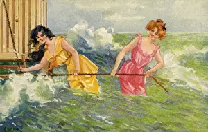 Early 20th Century Bathing Stampe: Seashore. Bathing machine