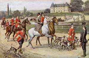 Stampe di Un gruppo di gentiluomini e signora della classe superiore francese partì in caccia al volpe - lasciando il castello insieme ai loro servitori, maestro dei cani, cornisti Immagini Correlate Stampe: Partendo alla caccia al volpe - lasciando il Castello