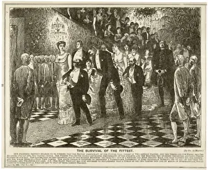Victorian Era Social Commentary Stampe: Specimens of evolution at a grand dinner
