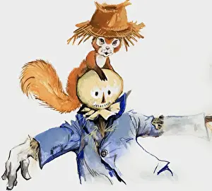 Wildlife In The Countryside Stampe: Squirrel on a scarecrow