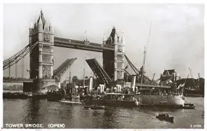 River Thames Transport Stampe: Tower Bridge open to allow ships through