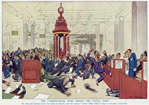 Stampe di L'interno di Lloyd's e la campana del Lutino, che suona per annunciare un totale perdita, uno colpo per cattiva notizia e due per buona. Data: 1933 Immagini Correlate Stampe: L'Underwriters che ha perso la totale perdita, di H.M.Bateman