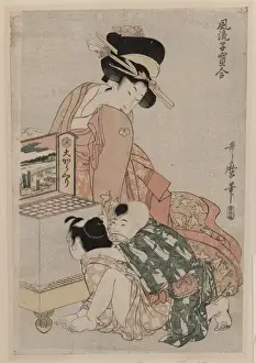 Antique Japanese Woodcuts Stampe: Viewing a peep box show