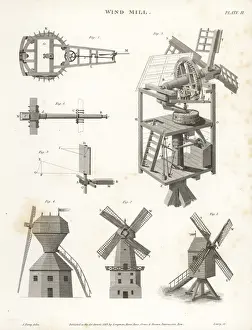 Abraham Rees Cyclopedia Prints Stampe: Windmill elevation, plan, side, showing power
