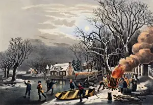 American Winter Scene Stampe: Winter Evening