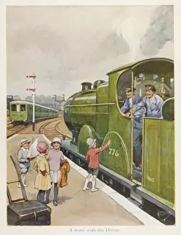 Vintage Train Station Scene Stampe: A Word with the Driver