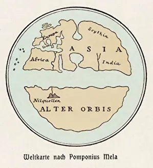 Stampe di Un mappamondo secondo Pomponio Melo che mostra l'Europa, l'Africa e l'Asia nella parte superiore ed il resto nelle due metà inferiori Immagini Correlate Stampe: Mappa del mondo / Pomponio Melo