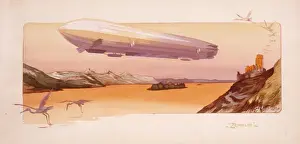 Air Transport Technology Stampe: Zeppelin hovering over a river