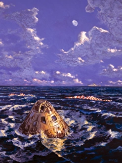 Stampe di Missione di Apollo splashtagdown. Immagine dell'unità comandante della missione di Apollo sulla superficie del mare dopo lo slittamento (atterraggio) Immagini datate 2004 novembre: Atterraggio della missione Apollo