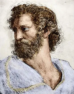 Stampe di Aristotele come dipinto da Raffaello in La Scuola di Atene era filosofo e logico ateniese che studiò sotto Platone ad Atene Raffaello Stampe: Aristotle