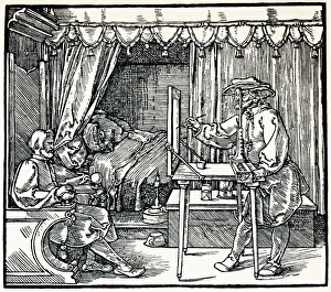 Stampe di L'artista utilizza una vaniglia per disegnare un uomo seduto su uno schermo di vetro. Questo incisione a legno fu realizzata dall'artista tedesco Albrecht Dürer (1471-1528) Immagini datate 2006 febbraio: Artista utilizza una vaniglia per la vista