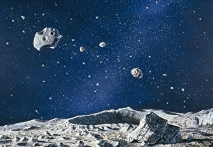 Stampe di Asteroidi. L'opera d'arte della superficie di un asteroide (piccolo pianeta) che mostra numerosi altri asteroidi nel suo cielo Immagini datate 2003 giugno: Opere d'arte di asteroidi dall'interno dell'asteroide