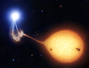 Stampe di Stella binaria polare. L'opera d'un sistema stellare binario noto come polar. I polari sono stelle variable con periodo breve che emettono raggi X Immagini datate 2012 settembre: Opera d'arte di una stella binaria AM Herculi