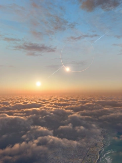 Stampe di L'opera d'arte di un pianeta intorno alla stella binaria Kepler-35, vista da una delle sue lune immaginate Immagini datate 11 giugno 2012: L'opera d'arte del pianeta intorno alla stella binaria Kepler-35